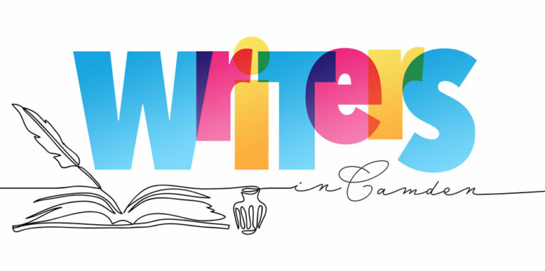 Writers in Camden image with bright colored words and line drawing of a quill, inkwell and book